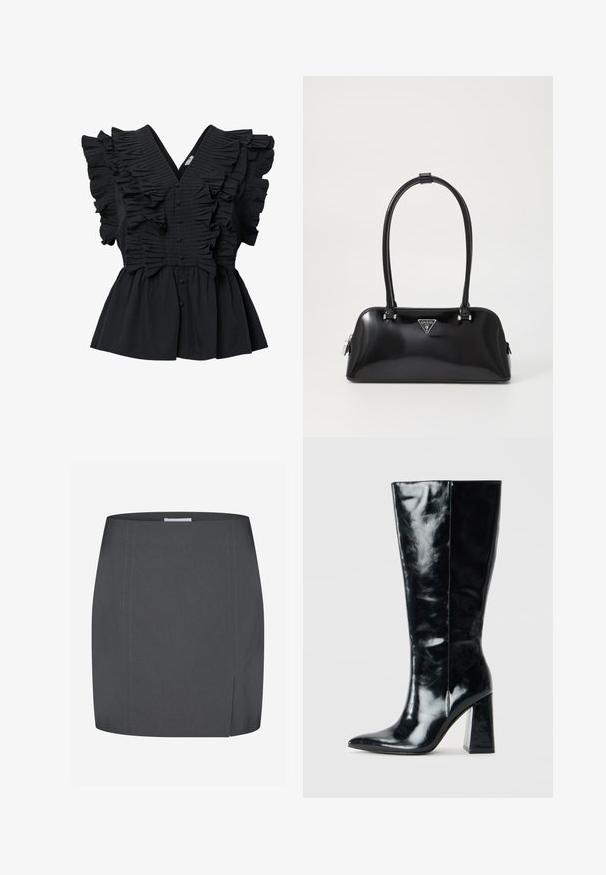 Blusa nera senza maniche con scollo a V profondo, dettagli arricciati lungo il davanti e le spalle, e bottoni rivestiti di tessuto lungo il centro.; Envii SPLIT - Gonna a tubino - grey; Stivali neri al ginocchio in pelle lucida, con punta appuntita e un tacco geometrico robusto dalla superficie liscia.; Borsa nera lucida con una silhouette curva, due manici e una placca logo frontale. Chiusura con zip e dettagli in metallo lucido.; Orecchini a cerchio in argento con una finitura liscia e lucida. Forma rotonda con un design leggermente curvato e bordi sfumati. Chiusura a perno.