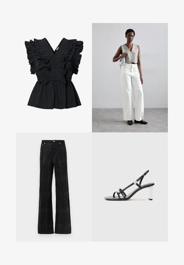 Blusa negra sin mangas con escote en V profundo, detalles con volantes en la parte delantera y los hombros, y botones forrados de tela en el centro.; Pantalones de pierna ancha negros con una superficie texturizada, que presenta un patrón brillante. Terminados con una cinturilla estándar y adornos de botones metálicos.; Sandalias negras de tacón alto con múltiples correas estrechas, diseño slingback y un acento plateado en el tacón. Material superior liso y tacón cuadrado.; Chaleco gris cortado con botones, combinado con pantalones vaqueros de pierna ancha blancos y zapatos planos negros. Accesorios con un pequeño bolso de flecos plateado.