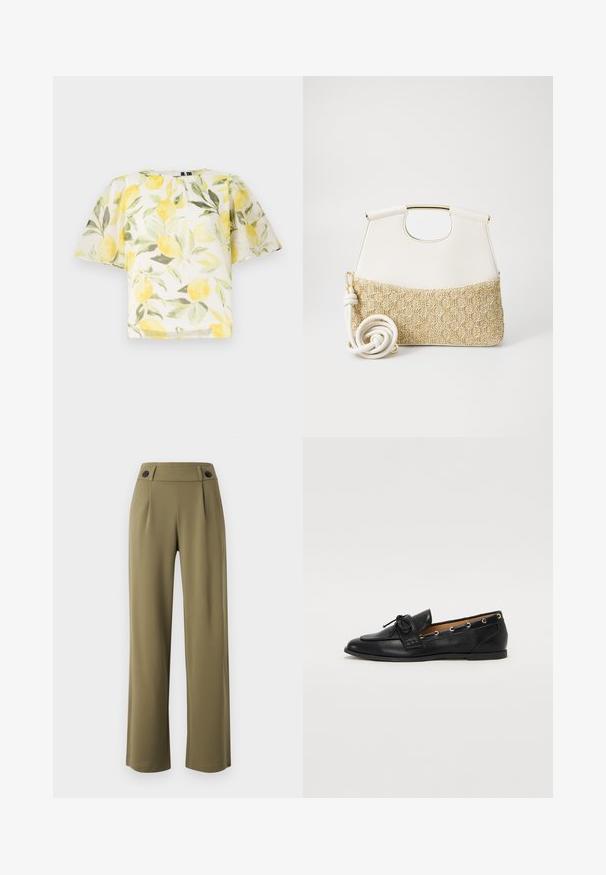 Fehér, rövid ujjú blúz citrom és levél mintával. Könnyű, enyhén áttetsző anyag, kerek nyakkivágással és laza szabással.; Olíva zöld, bő szárú nadrág magas derékkal, két fekete gombbal a derékrészen és elülső redőkkel. Simább szövettextúra.; Fekete bőr lófarok cipők, megkötött masnival, arany szemcsés díszítéssel az oldalán és lapos gumitalppal. Simaság, klasszikus dizájn.; Fehér bőr kézitáska texturált krémszínű, szőtt anyagú aljjal. Aranyszínű fogantyúval és tekert fehér pánttal rendelkezik a sokoldalúság érdekében.