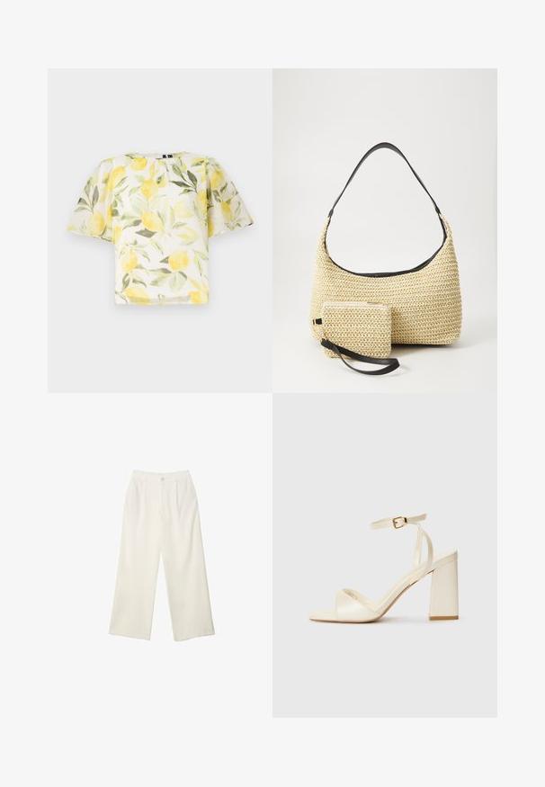 Bílá blůza s krátkým rukávem a vzorem citronů a listů. Lehká, mírně průhledná tkanina s kulatým výstřihem a volným střihem.; Široké kalhoty z krémové látky s hladkým povrchem, s jediným předním knoflíkem, jemnými skladbami a vysokým pasem.; Krémové sandály na podpatku s otevřenou špičkou, silným blokovým podpatkem, tenkým páskem kolem kotníku a jemným lesklým povrchem. Akcent s přezkou na pásku.; Tkaná slaměná taška s zakřiveným siluetou, která má hladký černý kožený popruh a odpovídající malou taštičku připevněnou zápěstním páskem.