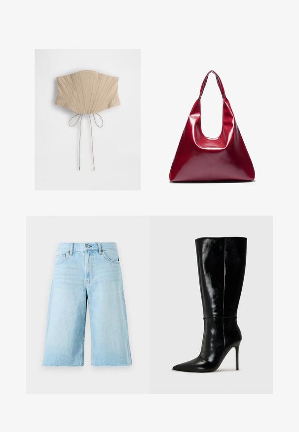 Bež korzet gornji dio s vertikalnim plisiranjima, s uskim strukom i podesivim vezicama na leđima sa metalnim vrhovima. Glatka tekstura tkanine.; Svijetloplave traperice kratke hlače s opuštenim krojem, raspadnuto rub, pet džepova i metalnim dodacima. Klasičan dizajn traperica s blagim izblijeđenjem.; Crne kožne čizme do koljena s oštrim vrhom i visokim stiletto potpeticama. Glatka tekstura i sofisticirani dizajn, s minimalnim detaljima.; Crvena sjajna kožna torba u obliku trokuta, širokog otvora na vrhu i jednim zakrivljenim ručkom. Glatka tekstura s minimalnim detaljima šivanja.; Set srebrnih naušnica koje sadrže razne dizajne: kružne, naušnice s dugmetom i viseće stilove, s lopticama i oštrim elementima.