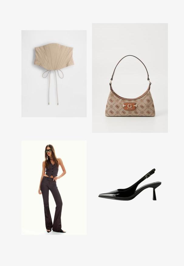 Beige korsettop med lodrette plisseringer, der indeholder en indsnævret talje og justerbare bånd bagpå med metalliske spidser. Glat stoftekstur.; Brun stribet cropped vest og flagrende bukser med knapper og et tekstureret stof. Sorte åbentåede sko og overdimensionerede solbriller.; Sorte patenterede lædersandaletter med spids tå, udskårne sider, justerbar ankelstrop og en tynd, slank hæl.; Tote bag i beige stof med brune mønstrede detaljer. Har en buet form, enkelt strop og et logo-plakette foran med sølvhardware.