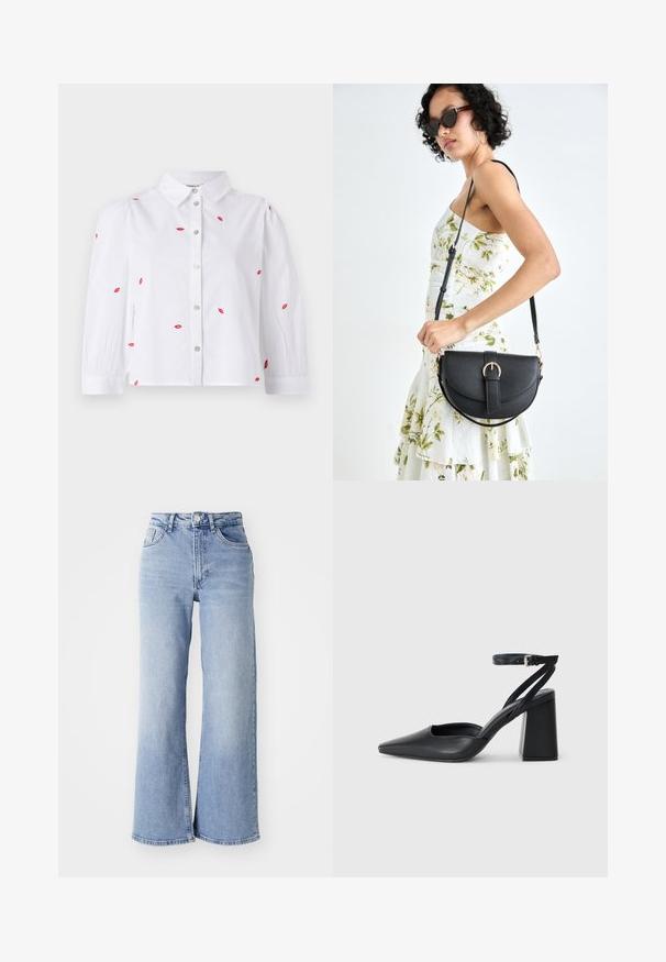 Bluză albă din bumbac cu mâneci scurte, tip puff, având broderii cu modele de buze roșii și guler ascuțit. Închidere cu nasturi pe față.; Jeans wide-leg de culoare albastru deschis cu talie înaltă, dotate cu buzunare frontale și spate, închidere cu buton și decolorare subtilă pe coapse și margini.; Pantofii cu toc ascuțit din piele neagră, cu breteaua pentru glezne și toc gros. Textură netedă, design elegant și estetică minimală.; Geantă din piele neagră, cu o formă curbată, curea detașabilă și accesorii aurii. Geanta are un capac cu un detaliu tip cataramă.