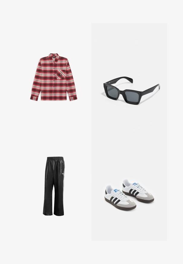 Czerwona i biała koszula w kratę z długim rękawem, z kołnierzykiem zapinanym na guziki i jedną kieszenią na piersi. Wykonana z miękkiego materiału, z wzorem w kratkę.; Czarne syntetyczne spodnie dresowe z elastycznym pasem, z białymi paskami po bokach i małym białym logo na lewym biodrze.; Buty sportowe z białą skórzaną cholewką, szarym zamszowym noskiem i trzema czarnymi paskami. Posiadają niebieskie logo na języku oraz teksturowaną gumową podeszwę.; Czarne prostokątne okulary przeciwsłoneczne z ciemnymi soczewkami. Plastikowa oprawka o błyszczącym wykończeniu, z szerokim mostkiem i lekko zwężającymi się ramionami.