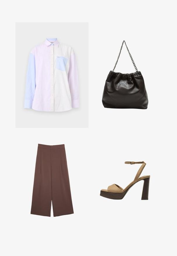 Striped shirt featuring light purple, blue, and white color blocks. It has a button-up front, collar, and a chest pocket with a blue stripe.; Brown wide-leg trousers with a smooth texture, featuring a high waist and front pleats. The fabric is lightweight and flows loosely.; Beige suede high-heeled sandals with a wide front strap and ankle strap, featuring a chunky wooden block heel with a textured finish.; Brown leather bag with a gathered top and a chain strap. Smooth texture with a glossy finish and subtle seam detailing on the sides.