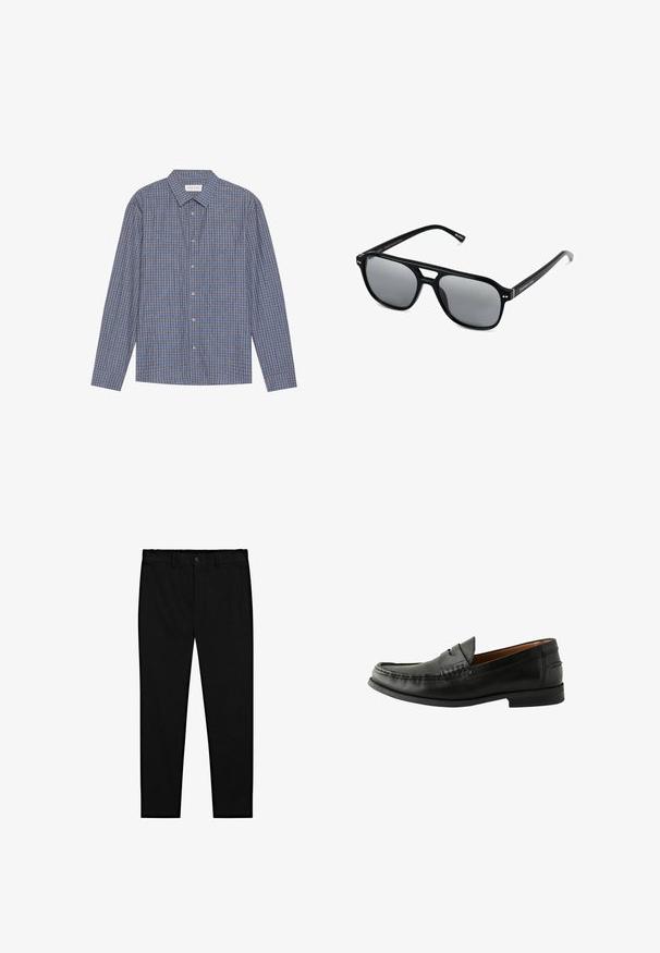 Langarmhemd in blau-braunem Karomuster mit spitzem Kragen, Button-Front und einfachen Manschetten. Weicher Stoff, normale Passform.; Weiße Baumwoll-Tanktops, ärmelloses Design, runder Ausschnitt, schlichte Textur, aus einem weichen, leichten Stoff. Zwei Stücke ausgestellt.; Schwarze maßgeschneiderte Hosen mit Knopfverschluss, Gürtelschlaufen und schmalem, geradem Bein, auf einem weißen Hintergrund präsentiert.; Schwarze Lederloafers mit glatter Oberfläche, abgerundetem Zehenbereich, handgestochener Detailarbeit und einer niedrigen Gummisohle. Klassisches und vielseitiges Design.; Schwarze Sonnenbrille mit rechteckigen Rahmen, grauen getönten Gläsern und einer Aussparung im Nasensteg. Schlanker, glänzender Kunststoff, mit schmalen Bügeln.
