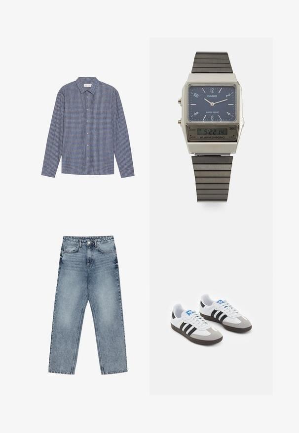 Niebieska i brązowa koszula w kratę z długim rękawem, z wywijanym kołnierzykiem, z przodu zapinana na guziki i z pojedynczymi mankietami. Miękka tkanina, regularny krój.; Jasnoniebieskie dżinsy z prostymi nogawkami, widocznym przeszyciem, pięcioma kieszeniami oraz zapięciem na guzik w talii.; Buty sportowe z białą skórzaną cholewką, szarym zamszowym noskiem i trzema czarnymi paskami. Posiadają niebieskie logo na języku oraz teksturowaną gumową podeszwę.; Zegarek cyfrowy Casio z niebieską tarczą, srebrną kopertą i dwupowłokowym czarnym paskiem gumowym. Wyświetla godzinę oraz ustawienia alarmu. Wodoszczelny.