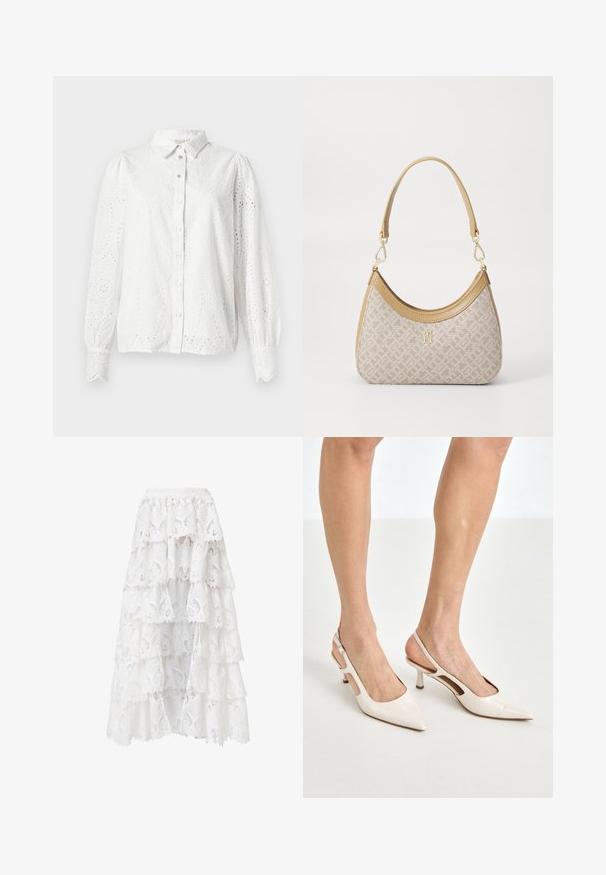 Camicia bianca in cotone con maniche lunghe, chiusura a bottoni e dettagli in pizzo che presentano un motivo paisley. Colletto arrotondato e polsini arricciati.; Gonna di pizzo bianca con un design a strati e bordi scallop. Il materiale presenta un motivo floreale e una texture che creano un aspetto stratificato.; Tacchi slingback in pelle lucida beige con punta affusolata e tacco di 5 cm, caratterizzati da lati traforati e una sottile fascia alla caviglia.; Borsa a tracolla beige con un motivo stampato, forma curvata, dettagli in pelle e un logo dorato sul davanti. Presenta una maniglia corta per un facile trasporto.; Lauren Ralph Lauren COLLAR - Collana - gold-coloured/white
