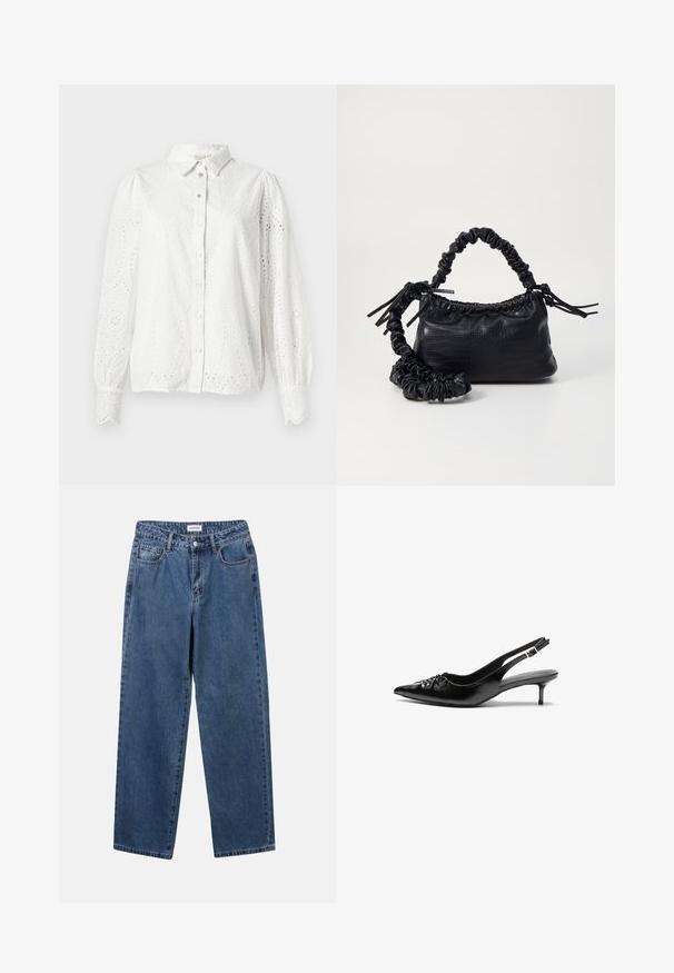 Cămașă albă din bumbac cu mâneci lungi, închidere cu butoane și detalii din dantelă cu un model paisley. Guler rotunjit și manșete cu plisuri.; Jeans clasice din denim albastru, cu un design drept, cinci buzunare și închidere cu nasture. Prezentând o spălare medie și o textură rezistentă.; Cizme slingback din piele neagră, cu vârf ascuțit, toc mic de tip kitten heel și un detaliu decorativ sub formă de nod în față. Textură netedă pe întreaga suprafață.; Geantă din faux leather neagră cu textură de crocodil, cu partea superioară strânsă și o curea mototolită. Pare moale și compactă ca design.