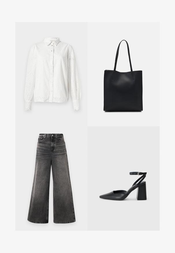 Bela bomba iz bombaža z dolgimi rokavi, z gumbom spredaj in detajli z očesci, ki prikazuje vzorec paisley. Zaobljen ovratnik in nabrani manšeti.; Široke črne jeans hlače z izbrisanimi detajli, petimi žepi in gumbom na pasu, z zaključenimi šivi.; Črne usnjene klasične čevlje z ostrim nosom, z zaponko za gleženj in debelim peto. Ravna tekstura, eleganten dizajn in minimalistična estetika.; Črna usnjena torba s svilnato teksturo, pravokotne oblike in dvema dolgima ročajema. Brez vidnih metalnih delov ali okrasnih elementov.