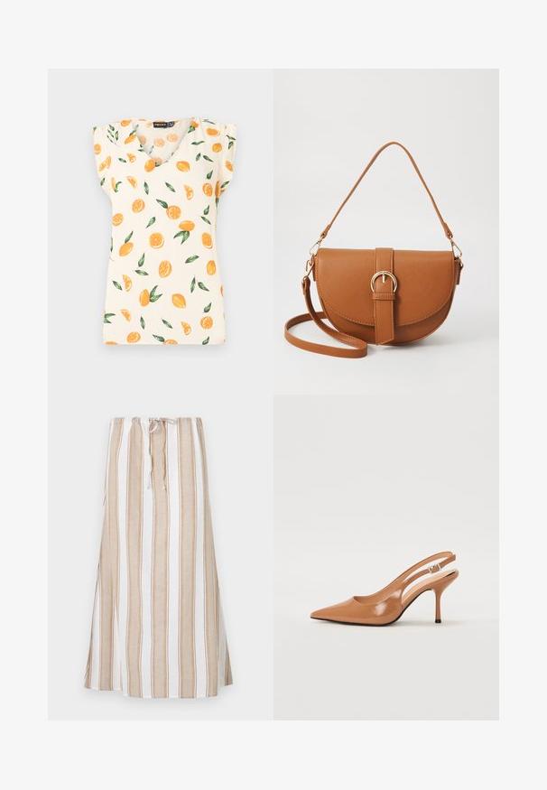 Krämfärgad topp med V-ringning och korta ärmar, prydd med mönster av Orange frukter och gröna löv. Tillverkad av lättviktsmaterial.; Randig kjol i vitt och ljusbrunt, med dragsko i midjan och en lång, flödande design. Tillverkad av lätt material med lös passform.; Tåspets slingback-häl i ett slätt, glansigt brunt material. Har en kurvad utskärning och en smal stilettklack. Silverdetalj med spänne.; Brun läder crossbody-väska med en böjd form, gyllene detaljer och en spänneaccent. Har en avtagbar axelrem.
