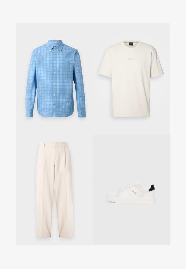 Gaiši zils šūnveida krekls ar garām piedurknēm, apkakles veids, un viena krūšu kabata. Iekļauj baltas un melnas režģa akcentus.; BOSS TEE - Pamata T-krekls - open white; Beige pielāgotas bikses ar augsto vidukli, krokām un taisnu kāju dizainu. Izgatavotas no gludas auduma, ar sānu kabatām un tīru apdari.; Baltās kedas ar gaiši rozā un melniem akcentiem, ar gludu ādu un zamšādas paneļiem, apaļu purngalu un plakanu gumijas zoli.