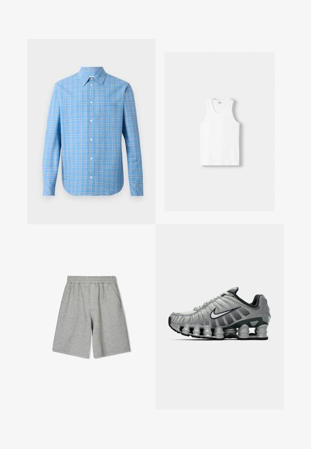 Svijetloplava karirana košulja dugih rukava, s ovratnikom i jednim džepom na prsima. Sadrži bijele i crne oznake u obliku mreže.; Bijeli pamučni majica bez rukava s okruglim izrezom, širokim naramenicama i ravnim rubom, s glatkom teksturom i bez vidljivih uzoraka.; Sive pamučne kratke hlače s elastičnim pojasom, s bočnim džepovima i opuštenim krojem. Glatka tekstura i dizajn do koljena.; Sive i crne Nike trkaće cipele s vidljivim opružnim jastučićem ispod đona i bijelim swoosh logotipom sa strane.