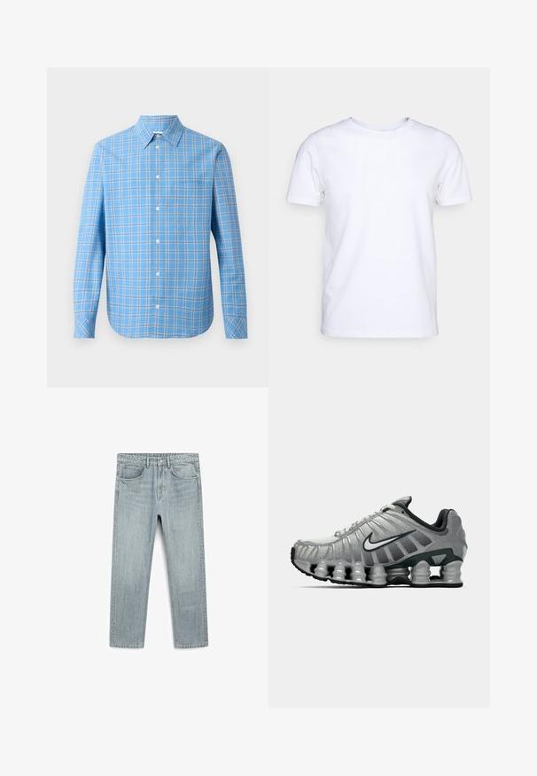 Light blue plaid button-up shirt with long sleeves, collared neck, and single chest pocket. Features white and black grid accents.; White short-sleeve t-shirt in cotton fabric with a round neckline. Simple design with no patterns or accents. Smooth texture.; Light blue denim jeans with a straight cut, five pockets, and a visible button and zipper closure. Smooth texture with slight fading.; Grey and black Nike running shoe with visible spring-like cushioning under the sole and a white swoosh logo on the side.