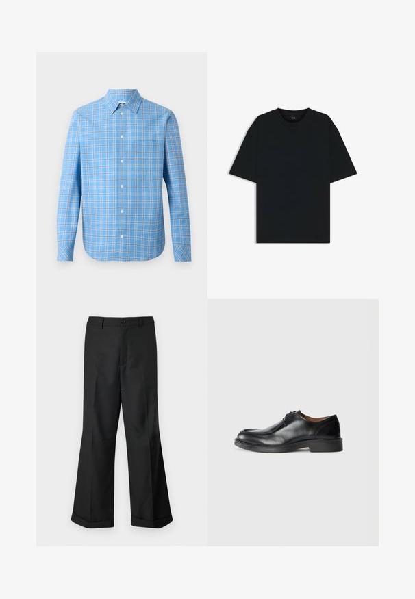 Lyseblå ternet skjorte med knaplukning, lange ærmer, krave og en enkelt brystlomme. Har hvide og sorte gitterdetaljer.; Sort bomuld t-shirt med rund halsudskæring og korte ærmer. Har en løs pasform og et enkelt design uden mønstre eller accenter.; Sorte vide benbukser med knappet talje og opslåede ben, præsenteret mod en ensfarvet hvid baggrund.; Sorte lædersko med rund tå, glat overflade, snøre detaljer og en lav, tekstureret gummisål. Rene linjer og minimalistisk design.