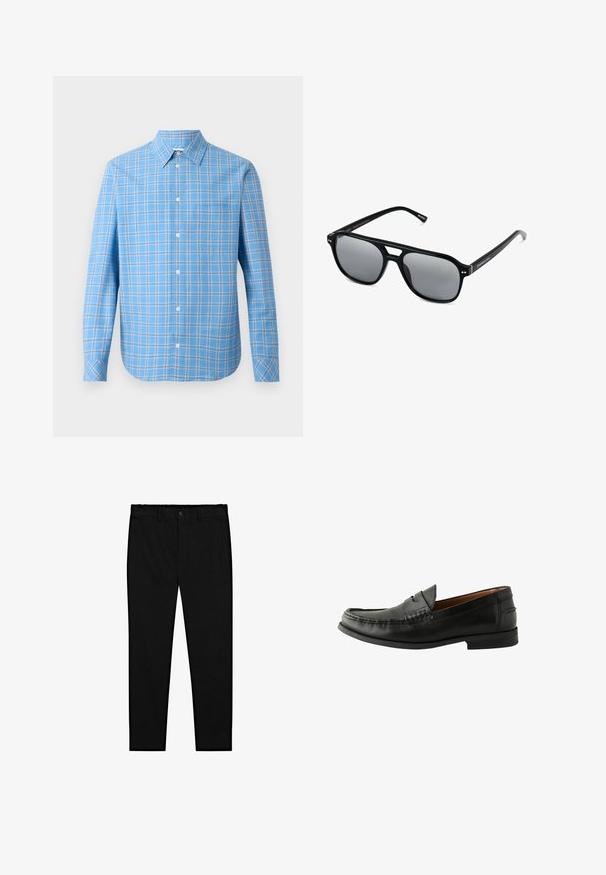 Světle modrá kostkovaná košile s dlouhými rukávy, límečkem a jednou náprsní kapsou. Obsahuje bílé a černé mřížkové akcenty.; Bílé bavlněné tílka, bez rukávů, kulatý výstřih, hladká textilie, vyrobená z měkkého, lehkého materiálu. Zobrazeny dva kusy.; Černé kalhoty na míru s knoflíkovým zapínáním, poutky na opasek a úzkými rovnými nohavicemi, vystavené na bílém pozadí.; Černé kožené mokasíny s hladkým povrchem, zaoblenou špičkou, ručně šitými detaily a nízkou gumovou podešví. Klasický a univerzální design.; Černé sluneční brýle s obdélníkovými rámy, šedými tónovanými skly a designem s výřezem ve střední části. Hladký, lesklý plastový materiál, s úzkými stranami.