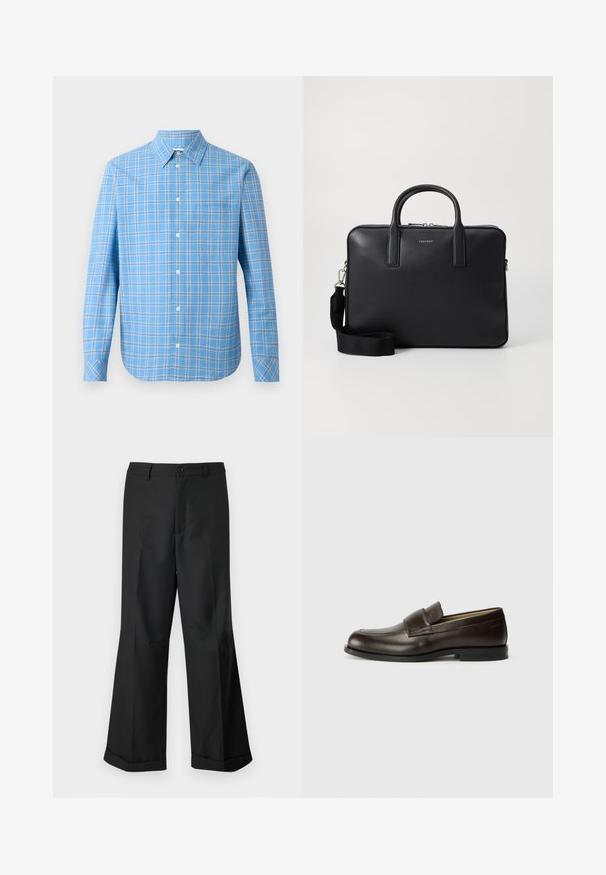 Világos kék kockás ing hosszú ujjakkal, galléros nyakkal és egyetlen mellzsebbel. Fehér és fekete rácsos díszítésekkel rendelkezik.; Fekete, bő szárú nadrág gombos derékkal és felhajtott szegélyekkel, sima fehér háttér előtt bemutatva.; Calvin Klein Belebújós cipők - cocoa brown; Fekete bőr aktatáska strukturált felülettel, kettős fogantyúval, levehető vállpánttal és elülső logóval. Cipzáras záródás.