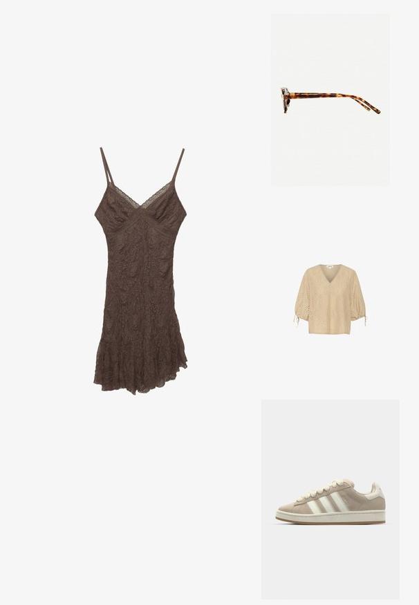 Beige V-neck blouse with short balloon sleeves, featuring diamond patterns and cut-out detailing. Material is lightweight and textured.; Brown lace camisole dress with thin straps, V-neckline, textured fabric, and ruffled hem. Delicate floral patterns throughout the material.; Tan suede sneaker with white leather stripes and laces, rubber outsole, cushioned collar, and textured details on upper side.; Tortoiseshell sunglasses with a thick frame, slightly curved temples, and smooth texture. Features a classic design with a glossy finish.; Brown leather shoulder bag with a textured finish, curved shape, gold-tone hardware, adjustable strap, and flap closure.