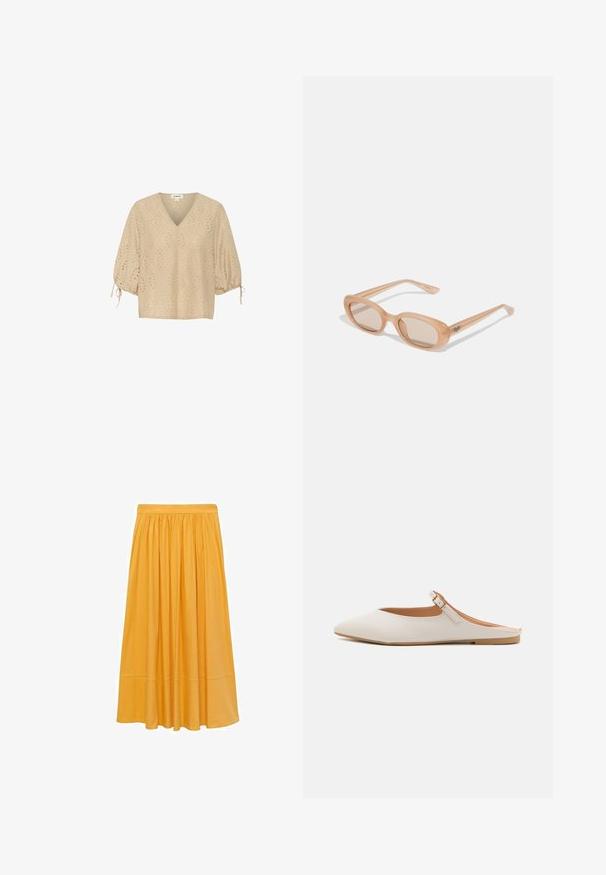 Bež bluzica s V-izrezom i kratkim balon rukavima, ukrašena dijamantnim uzorcima i detaljima s izrezom. Materijal je lagan i teksturiran.; Suknja midi dužine u senfu žutoj boji, izrađena od lagane tkanine, sakupljenog struka i lepršavim siluetom, s glatkom teksturom i suptilnim sjajem.; Bijeli kožni mule sa šiljastim nosom i malom remenom oko gležnja. Ima svijetlosmeđu uložak i smeđu gumenu potplatu. Glatka tekstura.; Naocale za sunce s transparentnim svijetlosmešnim okvirom, ovalnim staklima i tankim nogicama s suptilnim ugraviranim logotipom. Mat završna obrada s minimalističkim dizajnom.; Mrežasta torba u boji kreme, s mekanim unutrašnjim oblogom i jednom ručkom, ukrašena cvjetnim naglaskom i zatvaranjem na vezicu.