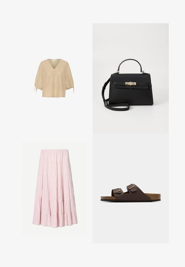 Beige V-Ausschnitt-Bluse mit kurzen Ballonärmeln, die mit Rautenmuster und ausgeschnittenen Details versehen ist. Das Material ist leicht und strukturiert.; Helles Rosa, gestuftes Maxikleid aus einem strukturierten, leichten Stoff. Elastischer Bund und fließender Saum mit Rüschendetails.; Braune, flache Riemchensandale mit zwei verstellbaren Riemen. Hergestellt aus einem glatten Material, mit einem Korkfußbett und einer strukturierten Gummisohle.; Schwarze Lederhandtasche mit strukturiertem Design, Obergriff, abnehmbarem Schulterriemen und goldfarbener Hardware. Verfügt über einen vorderen Schnappverschluss.