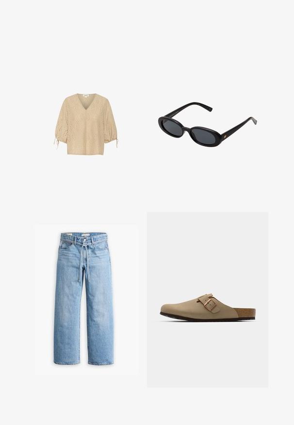 Beige blůza s výstřihem do V a krátkými balónovými rukávy, zdobená diamantovými vzory a výřezy. Materiál je lehký a texturovaný.; Dlouhý rukáv bavlněné tričko s vodorovnými černobílými pruhy, kulatý výstřih a jemná textura. Bez viditelného kovového doplňku nebo akcentů.; Světle modré džínové široké kalhoty s vysokým pasem, zapínáním na knoflík a zip, a šňůrkou v pase. Obroušené zakončení.; Bežové dřeváky s kulatou špičkou, nastavitelným sponovým detailem a korkovou stélkou. Texturovaný povrch s černou gumovou podrážkou pro lepší přilnavost.; Černé oversized sluneční brýle s oválnými čočkami, hladkým plastovým rámem a zlatými akcenty na spáncích. Tmavé čočky poskytují ochranu před sluncem.