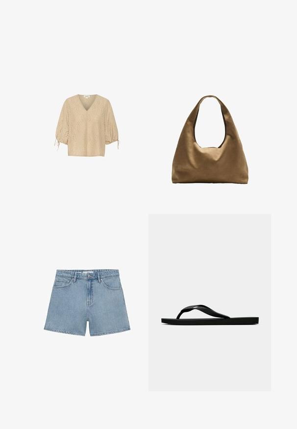 Beige V-Ausschnitt-Bluse mit kurzen Ballonärmeln, die mit Rautenmuster und ausgeschnittenen Details versehen ist. Das Material ist leicht und strukturiert.; Hellblaue Jeansshorts mit hoher Taille, vier Taschen und Knopfverschluss. Sie verfügen über einen klassischen geraden Schnitt und einen fransigen Saum.; Schwarze Gummi-Flip-Flop-Sandale mit einem strukturierten Riemen und einfacher flacher Sohle, von der Seite auf einem schlichten hellen Hintergrund dargestellt.; Braune Stoffschultertasche mit einem breiten, runden Körper und einem großen Ausschnittgriff. Sanfte Textur, minimalistisches Design und keine sichtbaren Beschläge.