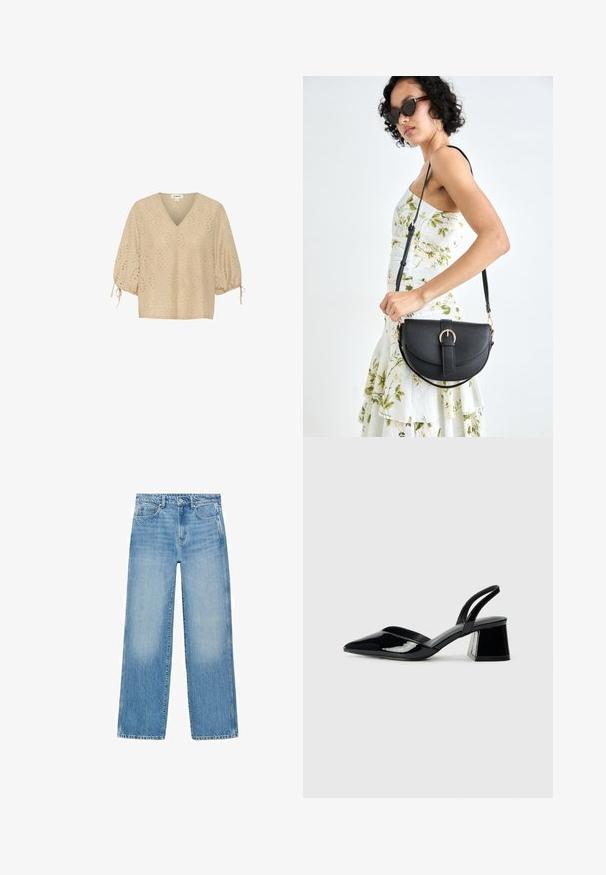 Beige V-neck blouse with short balloon sleeves, featuring diamond patterns and cut-out detailing. Material is lightweight and textured.; Light blue denim jeans with a straight cut, five-pocket design, and subtle fading. Features a button and zipper closure at the waist.; Black patent leather slingback heels with a pointed toe and a geometric block heel. Features a sleek, minimal design and smooth texture.; Black leather handbag with a curved shape, detachable strap, and gold hardware. The bag features a flap with a buckle detail.