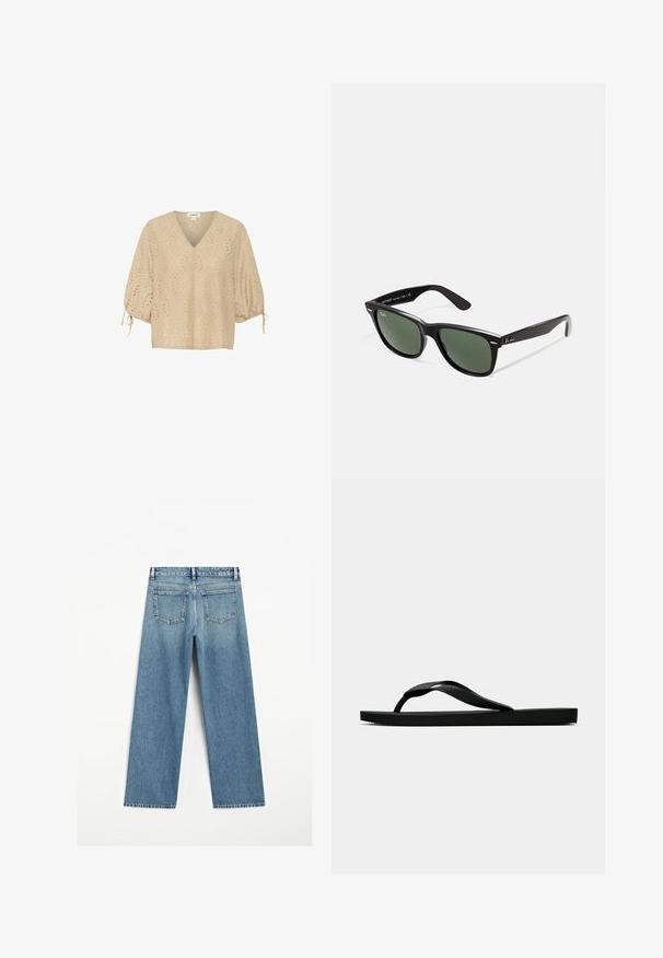 Beige V-hals blouse met korte ballonmouwen, voorzien van ruitpatronen en uitsnijdingen. Het materiaal is lichtgewicht en textuur rijk.; Lichtblauwe spijkerbroek met wijde pijpen, voorzien van twee achterzakken en een rafelige zoom. Gemaakt van een gestructureerde katoenstof.; Zwarte rubberen flip-flop sandaal met een getextureerde strap en een eenvoudige platte zool, zijaanzicht op een effen lichte achtergrond.; Zwarte plastic zonnebril met groene lenzen, vierkante montuur, zilveren accent op de wenkbrauw en een gestructureerde tempel. Merken vermeld op de binnenkant van de arm.