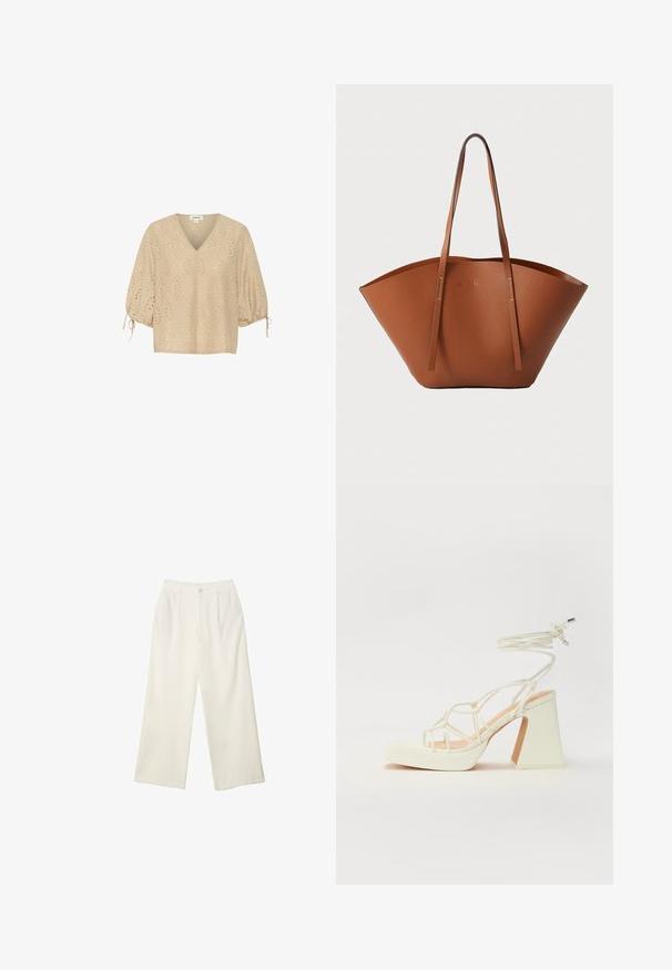 Blusa beige a V con maniche a palloncino corte, caratterizzata da un motivo a diamante e dettagli a taglio. Il materiale è leggero e testurizzato.; Pantaloni a gamba larga in tessuto crema con una texture liscia, caratterizzati da un singolo bottone frontale, pieghe sottili e un design a vita alta.; Sandalo bianco con tacco alto, caratterizzato da un design a cinturini e un legaccio alla caviglia. Texture liscia con una piattaforma frontale per un'altezza aggiuntiva.; Borsa tote in pelle marrone con una forma ampia e strutturata, manici sottili e una finitura testurizzata. Presenta un design minimalista senza hardware visibile.