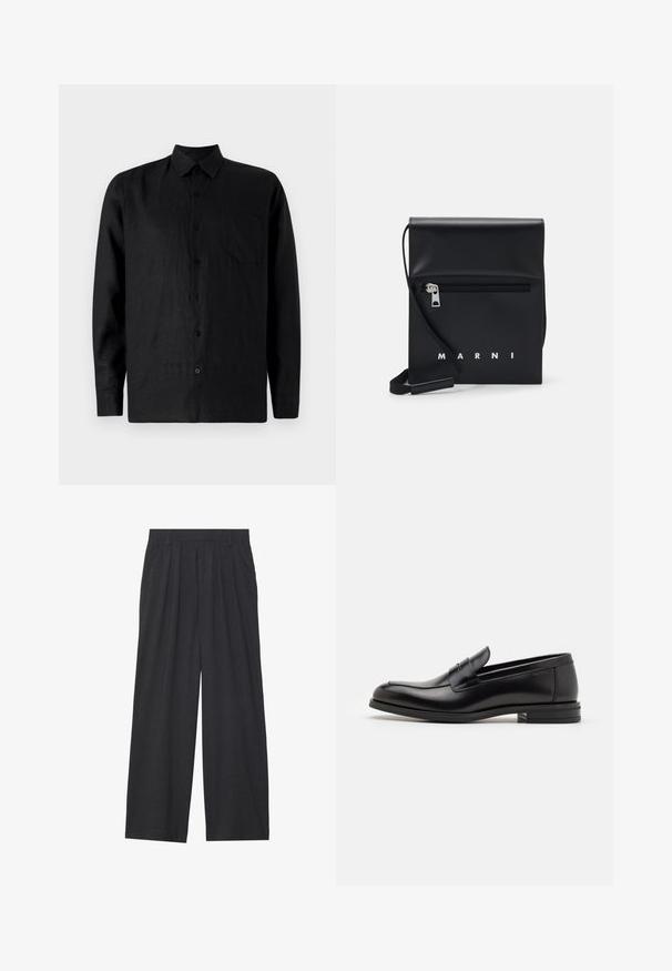 Fekete vászon, hosszú ujjú ing gombos elejével, hegyes gallérral, egyetlen mellzsebbel és sima felülettel.; Sötétszürke anyagból készült, bő szárú nadrág. Ráncokkal a deréknál, elegáns fazonnal és egyenes sziluettel rendelkezik.; Fekete bőr loaferek sima textúrával, kerek orral és dekoratív pánttal a vampnál. Alacsony, rétegelt sarkú, minimalista dizájn.; Fekete bőr keresztpántos táska cipzáras elülső zsebbel, dombornyomott logóval és állítható pánttal. Simább textúra, amelynek strukturált alakja van.