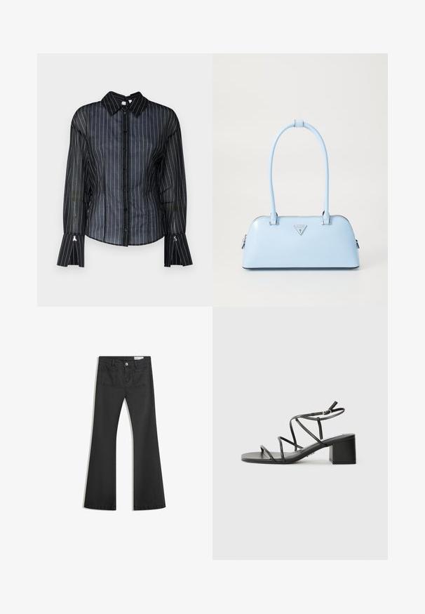 Fekete áttetsző blúz fehér függőleges csíkokkal, klasszikus gallérral, gombos elejével és szélesített mandzsettákkal. Sima textúra, finom fényességgel.; Fekete, sima textúrájú farmer flare nadrág, két hátsó zsebbel és gombos derékkal.; Fekete pántos szandál négyzetes orral és vastag sarokkal, sima anyagból készült. Állítható bokapántokkal és minimális fém részletekkel rendelkezik.; Világoskék kézitáska, amelynek strukturált formája van, sima bőrből készült, két füllel rendelkezik, és az elején egy háromszögletű márkatrófea található. Cipzáras záródás.