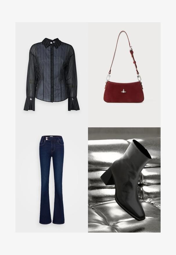 Czarna przezroczysta bluzka w białe pionowe paski, klasyczny kołnierzyk, z przodu na guziki i rozszerzane mankiety. Gładka faktura z delikatnym połyskiem.; Granatowe dżinsy w fasonie dzwonów z wysokim stanem, dwiema przednimi kieszeniami oraz dwoma zapięciami na guziki. Wykonane z denimowej tkaniny o gładkiej fakturze.; Czarne botki za kostkę wykonane z błyszczącego materiału, z kwadratowym noskiem i zwężającym się obcasem, na tle błyszczącego srebrnego tapicerowanego tła.; Czerwona zamszowa torba na ramię o wyprofilowanym kształcie. Posiada srebrny akcent oraz regulowany pasek z detalami ze stali. Gładka tekstura.