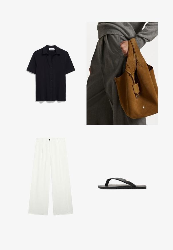 Black short-sleeve shirt made of a soft fabric, featuring a button-down front and a classic collar. Simple design with no visible patterns or accents.; Wide-leg trousers in white fabric, featuring a single black button at the waist, two front pockets, and a smooth, crisp texture.; Black flip-flop sandal with a flat sole, textured black insole, smooth straps, and a small gold accent near the toe post.; Brown suede tote bag with rounded shape, dual handles, and a metal hardware accent. Features a small logo on the front.