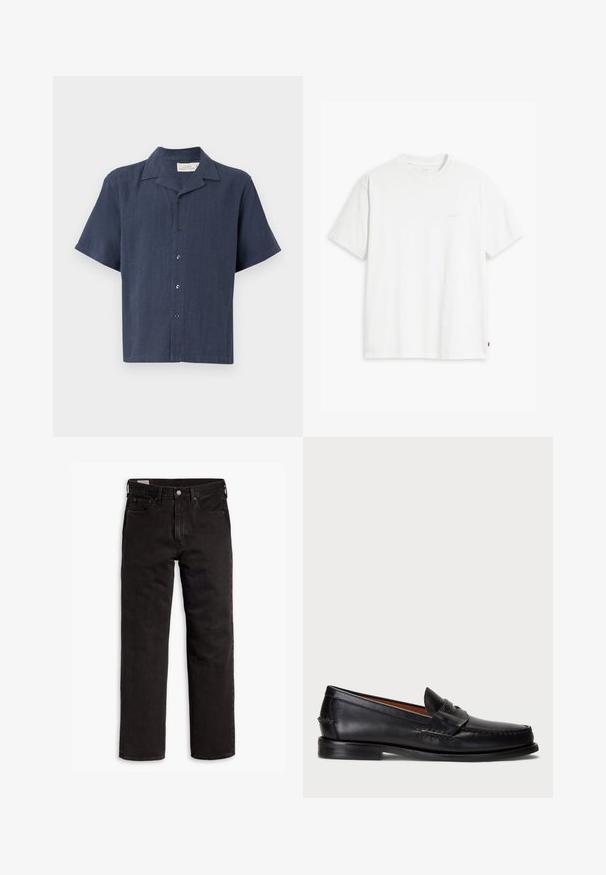 Koszulka krótko rękawowa, zapinana na guziki w ciemnoniebieskim kolorze, wykonana z teksturowanej tkaniny. Posiada klasyczny kołnierzyk i pięć czarnych guzików z przodu.; Biała bawełniana koszulka z krótkim rękawem, okrągłym dekoltem i dyskretnym logo Levi's nadrukowanym na środku. Miękka tekstura i standardowy krój.; Czarne dżinsy proste z pięcioma kieszeniami, zapięciem na guzik i paskiem, rozłożone na białym tle.; Czarne skórzane mokasyny z okrągłym czubkiem, przeszyciami na detalach oraz ozdobnym paskiem z przodu. Płaska podeszwa o minimalistycznym profilu.