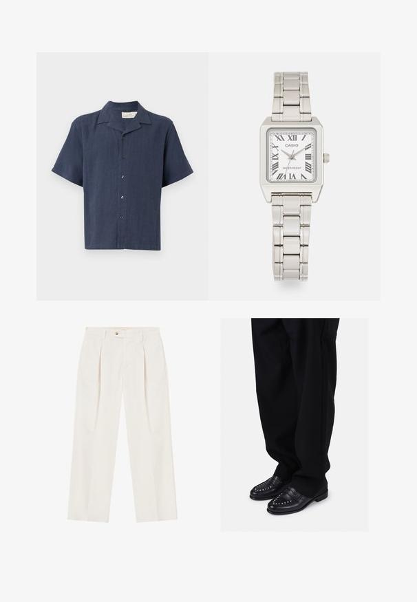 Kratší rukávy, košile na knoflíky tmavě námořnické barvy, vyrobená z texturované látky. Má klasický límeček a pět černých knoflíků na přední straně.; Bílé, široké kalhoty s plisováním vpředu, zapínáním na jeden knoflík a bočními kapsami. Hladká textilie a přesný střih.; Černé kožené polobotky s okrasnými nýty a hladkým povrchem, spárované s volnými černými kalhotami.; Stříbrné kovové náramkové hodinky se čtvercovým pouzdrem, bílým ciferníkem, římskými číslicemi a stříbrným náramkem z článků. Obsahují vodotěsný design.