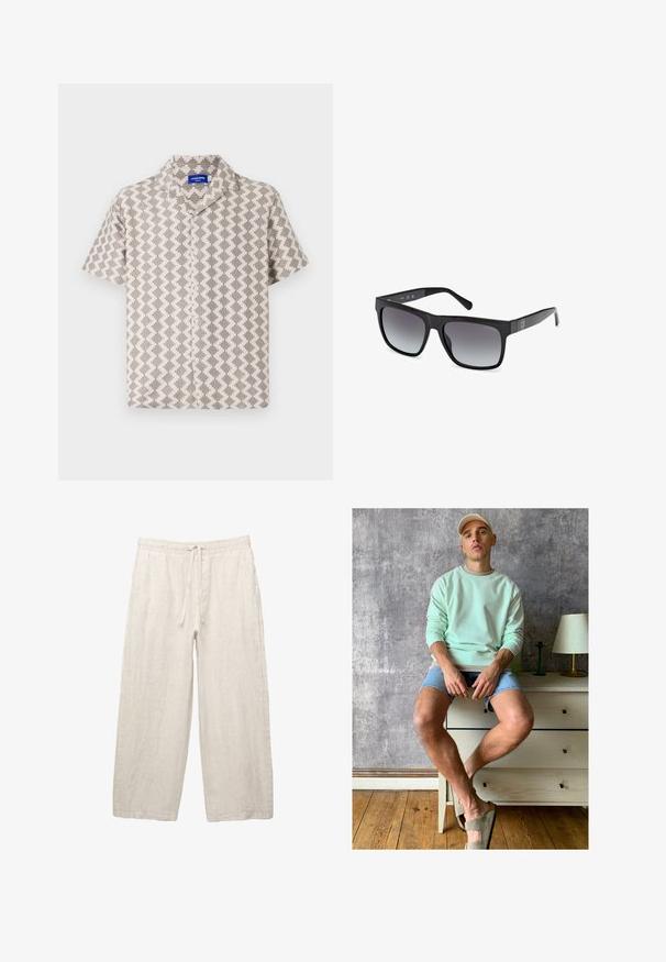 Lyhythihainen beige- ja harmaavärinen paita, jossa on geometrinen kuvio, teksturoitu pinta ja uurrekaulus nappisulkimella.; Valkoinen puuvillapaita klassisella pyöreällä kaula-aukolla, lyhyillä hihoilla ja pienellä harmaalla GAP-logolla vasemmassa rinnassa. Yksinkertainen, koristamaton muotoilu.; Vaaleanbeige pellavahousut, joissa on joustava vyötärö, säätönyöri, leveät lahkeet ja sivutaskut. Sulava rakenne.; Minttivihreä huppari, farkkushortsit ja oliivinvihreät liukuvaatteet. Istuu vaaleanvärisen lipaston päällä, joka on tekstuuritetun harmaan seinän nojalla.; Guess Aurinkolasit - glossy black smoke gray