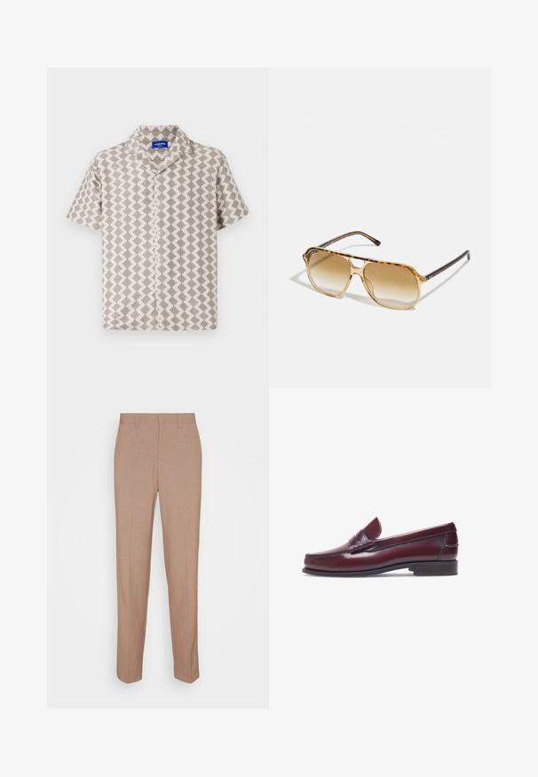 Camicia a maniche corte in tessuto beige e grigio con un motivo geometrico, superficie testurizzata e colletto a scollo a V con chiusura a bottoni.; Pantaloni beige su misura in tessuto liscio e strutturato. Vestibilità dritta con cintura in vita, senza decorazioni o tasche visibili.; Mocassino in pelle bordeaux con punta tonda, dettagli cuciti e un piccolo accentu decorativo sulla tomaia. Suola piatta in contrasto.; Occhiali da sole tartarugati con montatura rettangolare, lenti marroni sfumate e astine nere eleganti con accenti logotipo sottili.; Borsa a tracolla in pelle marrone con un davanti piatto, due cinghie, dettagli in metallo dorato e una tracolla regolabile.