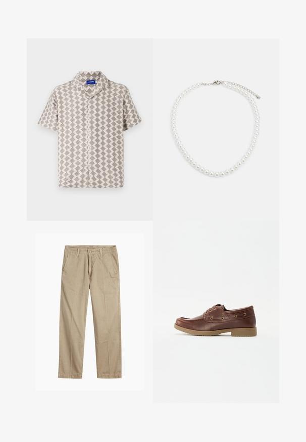 Lühikeste varrukatega särk beežis ja hallis kangas, mis sisaldab geomeetrilist mustrit, tekstureeritud pinda ja nööpide sulgemisega sälgkaelust.; Beeži sirged säärte chinos-püksid, millel on vööloopide, esipainutatud nupud ja tõmblukk ning kaldega esikotid.; Pruun nahast paadieinad ümarate varvastega, tekstuuriga tallaga, kullatud silmadega ja ääristatud detailiga ülaosas klassikalise disaini jaoks.; Valge pärlkaelakee, millel on ühtlane ümar kuju, sile pind ja metallist kinnitusbüts koos pikendusahelaga reguleeritava pikkuse jaoks.