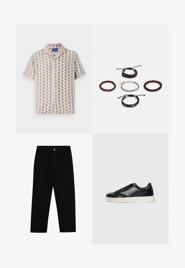 Kortermet skjorte i beige og grått stoff med geometrisk mønster, teksturert overflate og spiss krage med knappelukking.; Sorte denimbukser med rett benklipp, fem-lomme design og frontknappåpning. Jevn tekstur med minimale sømdetaljer.; Svarte joggesko med en teksturert krokodille-embossed læroverdel, rund tå og en kontrasterende hvit gummisåle med en glatt overflate.; Sett med fem armbånd som inkluderer brunt lær, treperler og en sølvkjede; ulike teksturer og former, med justerbare lukkinger.