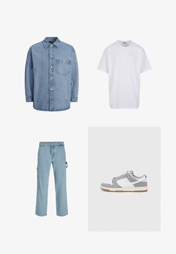 Camicia in denim azzurro chiaro con colletto classico, chiusura frontale con bottoni e una tasca sul petto con pattina e bottone a scatto.; Maglietta bianca in cotone con maniche corte, scollatura rotonda, vestibilità comoda e senza loghi o motivi visibili. Texture liscia e design minimale.; Pantaloni cargo in denim azzurro chiaro con una vestibilità rilassata, dotati di anelli laterali e tasche frontali, caratterizzati da una texture sbiadita.; Le sneakers Nike presentano una tomaia in camoscio grigio e pelle bianca con perforazioni, lacci rotondi e una suola in gomma per una migliore aderenza.