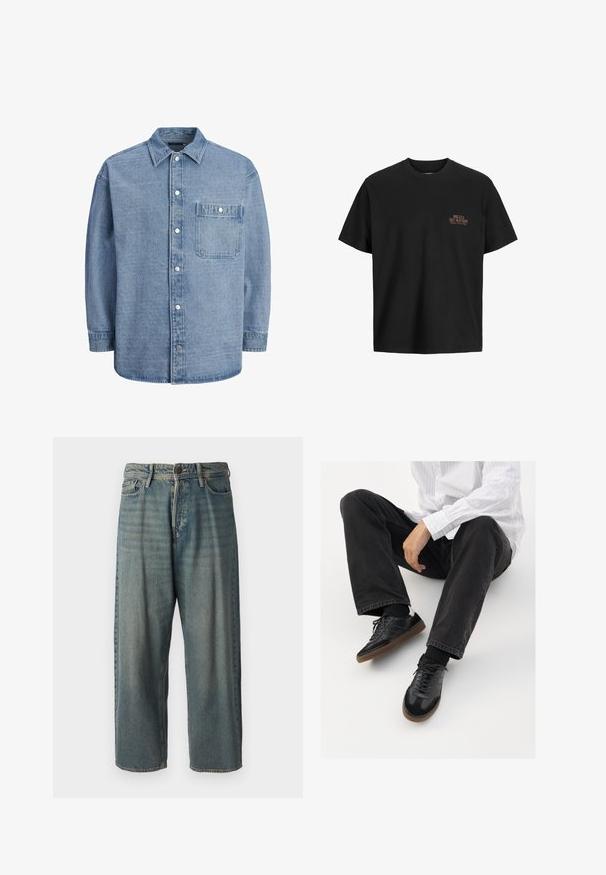 Hele sinine teksashirt, mis on varustatud klassikalise krae, esipoole nööpide sulgemise ning ühe rinna taskuga, millel on klapp ja nööp.; Musthave musta puuvillane T-särk, millel on mugav lõige, ümar kaelus ja lühikesed varrukad. Vasakul rinnal on väike, tekstuuriga oranž graafika.; Heledad sinine denim-stiilis teksad, volüümse lõike, keskmise kõrgusega talje ja sirgete säärega. Omab viit taskut, vöökumme ja nööpide sulgemist.; Mustad spordijalatsid siledast ja tekstuurilisest ülemisest osast, millel on kummist tald ja tumedad nöörid. Kombineeritud mustade teksade ja valge triibulise särgiga.