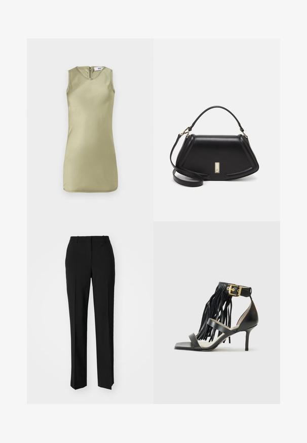 Bezemis suknelė šviesiai alyvuogių spalvos, pasiūta iš lygaus audinio. Turi apvalų iškirpimą ir užsegimą nugaros dalyje.; Juodi pritaikyti kelnių modeliai su tiesiomis kojomis, pasižyminčios lygiomis tekstūromis ir ryškiomis klostėmis priekyje. Nėra matomų detalių.; Juodos aukštakulnės šlepetės su kutų detalėmis, kulkšnies dirželis su auksine furnitūra, plokščia kvadratinė noselė ir dvi kryžminės juostos per pėdos priekį.; Juoda odinė rankinė su struktūrizuotu dizainu, turi trumpą formą, viršutinę rankeną ir auksinius akcentus. Pridėtas reguliuojamas peties diržas.
