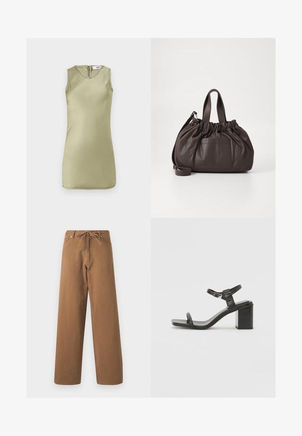 Abito senza maniche di un verde oliva chiaro, realizzato in tessuto morbido. Presenta un collo rotondo e una zip sul retro.; Pantaloni larghi marroni in cotone, con vita elasticizzata e due tasche frontali. Tessuto strutturato con una finitura liscia.; Sandalo in pelle nera con tacco a blocco e una fascia larga sopra le dita, dotato di una cinghia regolabile alla caviglia, caratterizzato da un design elegante e minimalista.; Samsøe Samsøe SAEMMI MIDI BAG - Borsa a mano - dark brown