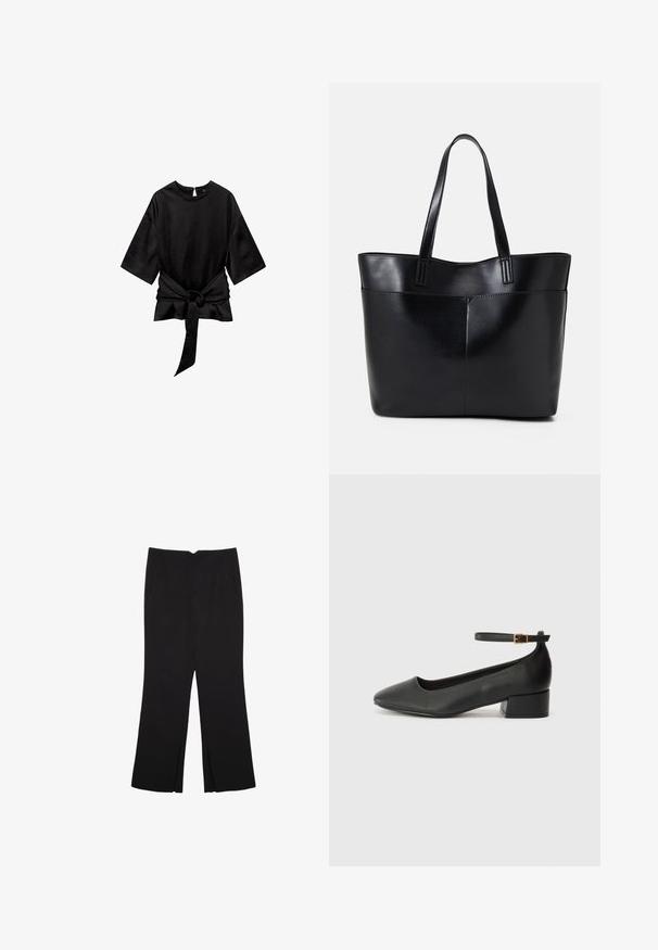 Crna majica s okruglim izrezom, kratkim rukavima i mekim materijalom; sadrži detalj vezanog struka sprijeda za strukturirani siluetu.; Crne hlače ravnog kroja, s prednjim džepovima i bočnim prorezima na rubu. Izrađene od mekog i glatkog materijala. Pogodne za razne prigode.; Crne kožne pumpe s oštrim vrhom i niskom blok petom. Sadrže remen oko gležnja s zlatnim kopčanjem. Glatka tekstura.; Crna kožna torba s dugim ručkama, glatkom teksturom i strukturiranim oblikom. Ima prednju džep za dodatno pohranu.
