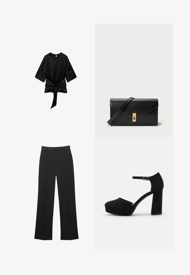 Maglietta nera con collo rotondo, maniche corte e texture morbida; presenta un dettaglio con cintura annodata sul davanti per una silhouette strutturata.; Pantaloni neri a vita alta, di taglio ampio, con passanti per cintura e dettaglio della cucitura frontale, presentati su uno sfondo bianco.; Scarpe con tacco a piattaforma nere in suede, dotate di un spesso tacco a blocco, punta arrotondata e cinturino alla caviglia fissato da una fibbia in metallo. Texture liscia su tutta la superficie.; Portafoglio in pelle nera con pattina a pieghe, accessori dorati, con un logo decorativo. Include una tracolla staccabile per il trasporto.