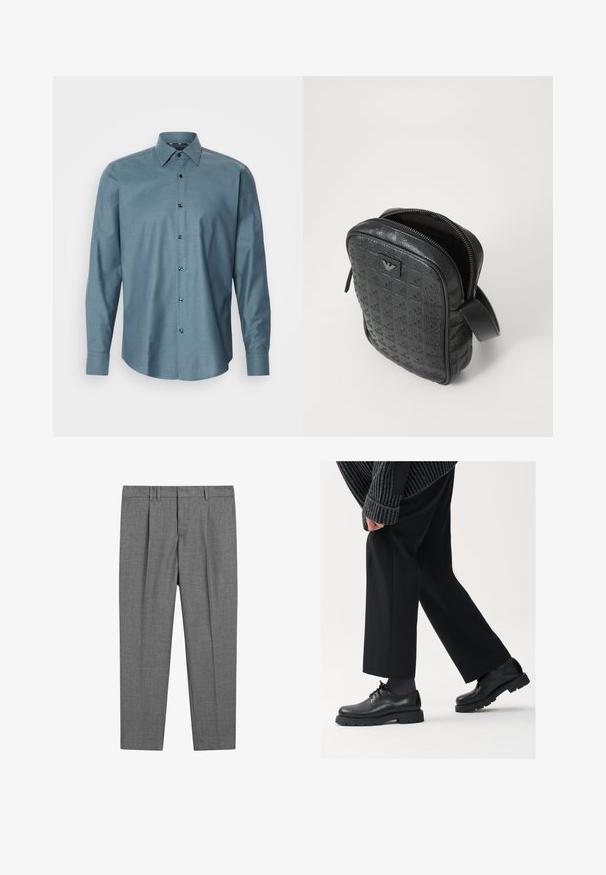 Hedvábná košile s dlouhým rukávem v tmavě modré barvě, s texturovaným vzorem, špičatým límcem a tmavými knoflíky. Má tradiční střih a zakřivený lem.; Černé bavlněné tričko s klasickým kulatým výstřihem, krátkými rukávy a volným střihem. Hladká textura, bez vzorů nebo ozdob.; Šedé upravené kalhoty s texturovanou strukturou, s plochým předním dílem, nažehlenými nohavicemi, s poutky na opasek a standardním pasem.; Černé kožené boty s kulatou špičkou, šněrovací design a silnou strukturovanou podrážkou. Noseny s dobře padnoucími černými kalhotami a žebrovaným svetr.; Černá, texturovaná kožená taška s geometrickým vzorem, obdélníkového tvaru, s horním zipem a krátkým uchem. Na přední straně se nachází logo.; Hodinky Timex s stříbrným ciferníkem, černými hodinovými značkami a ocelovým pouzdrem. Disponují strukturálním černým koženým náramkem. Jednoduchý, elegantní design.
