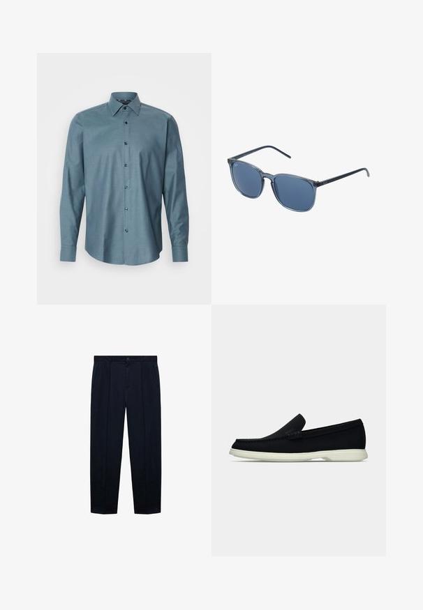 Košeľa s dlhým rukávom v odtieňi teal, s textúrovaným vzorom, špicatým golierom a tmavými gombíkmi. Má tradičný strih a zakrivený lem.; Námornícky modré nohavice s plochým predkom vyrobené z ľahkého materiálu s hladkou textúrou; obsahujú zapínanie na gombík a dve bočné vrecká.; Čierne nazúvacie topánky s okrúhlou špičkou, s textúrovaným zvrškom, hladkou bielou podrážkou a jemným brandingom po boku.; Modré obdĺžnikové slnečné okuliare s sivými tónovanými sklíčkami, plastovým rámom, kovovými akcentmi a matným povrchom na stranách.