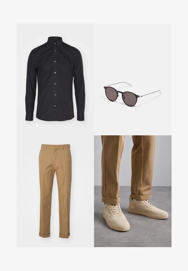 Tiger of Sweden ADLEY - Zakelijk overhemd - black; Bruine katoenen broek met een rechte pasvorm, voorzien van een opgerolde zoom, twee voorzakken en een gladde textuur.; Beige suède sneakers met een gladde textuur, vetersluiting en rubberen zolen, gecombineerd met omhooggerolde tan broeken.; Zwarte ronde zonnebril met donkere lenzen en slanke metalen armen. Inclusief heldere tempelpunten en zilveren accenten bij de scharnier. Minimalistisch ontwerp.