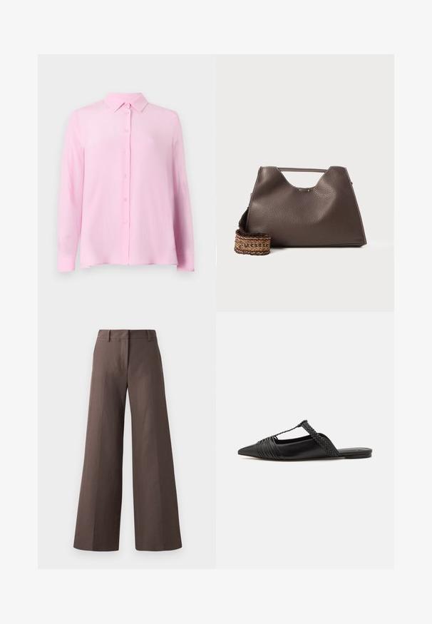 Bluză roz deschis cu guler clasic, mâneci lungi și închidere cu butoane. Materialul pare neted și ușor transparent.; Pantaloni largi de culoare marron, confecționați dintr-un material neted; prezintă o față plată, bucle pentru curea și cusături verticale pe picioare.; Pantofii din piele neagră cu curea la spate au vârful ascuțit, prezentând un accent țesut și un design superior pliat. Talpa joasă cu hardware minim.; Geantă de mână din piele maro cu un finisaj texturat, design unghiular și un mâner de sus distinctiv. Prezintă o detaliere a curelei împletite cu un model.