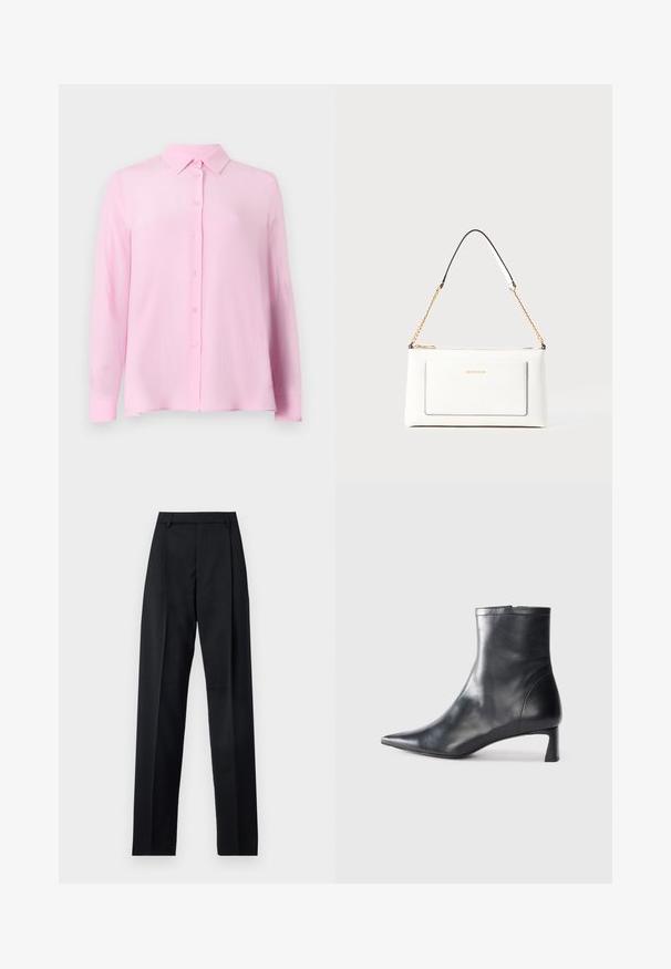 Helle rosa Bluse mit klassischem Kragen, langen Ärmeln und Knopfleiste. Das Material wirkt glatt und leicht durchscheinend.; Schwarze Hosen aus glattem Stoff mit hoher Taille, weitem Bein, vorderen Falten und klassischen Gürtelschlaufen. Keine sichtbaren Seitentaschen.; Schwarze Lederstiefelette mit spitzer Zehe und schlankem Design. Verfügt über einen niedrigen Absatz und einen Reißverschluss hinten. Glatte Textur.; Weißes Lederhandtasche mit strukturierter Oberfläche, ausgestattet mit einem goldenen Kettenriemen und schwarzen Akzenten. Enthält eine Fronttasche und einen Reißverschluss.